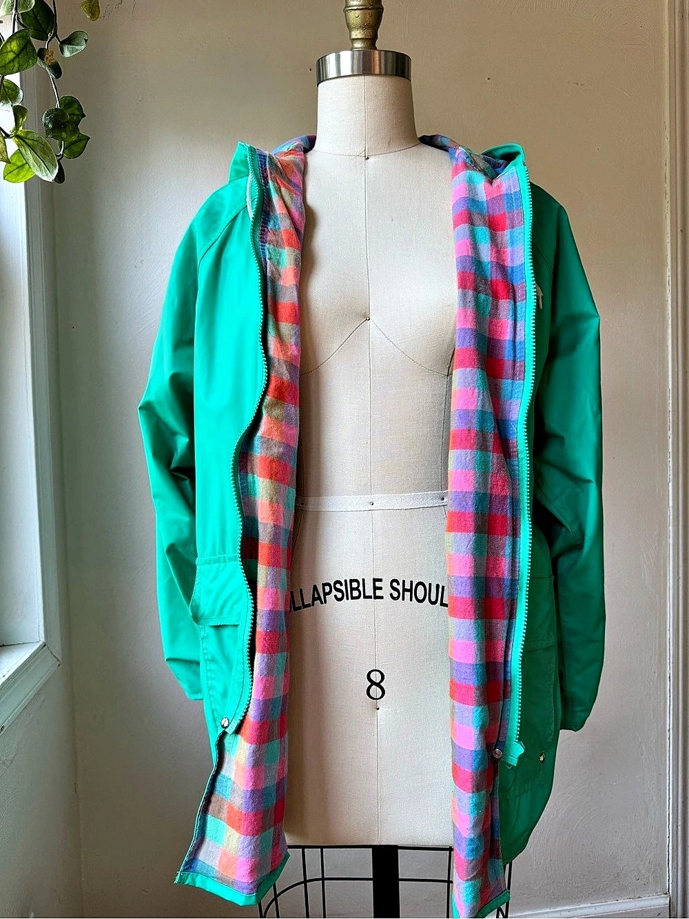 Vintage SailMaker Plaid Lined Hooded All-weather Jacket in Green & Pink Size Med